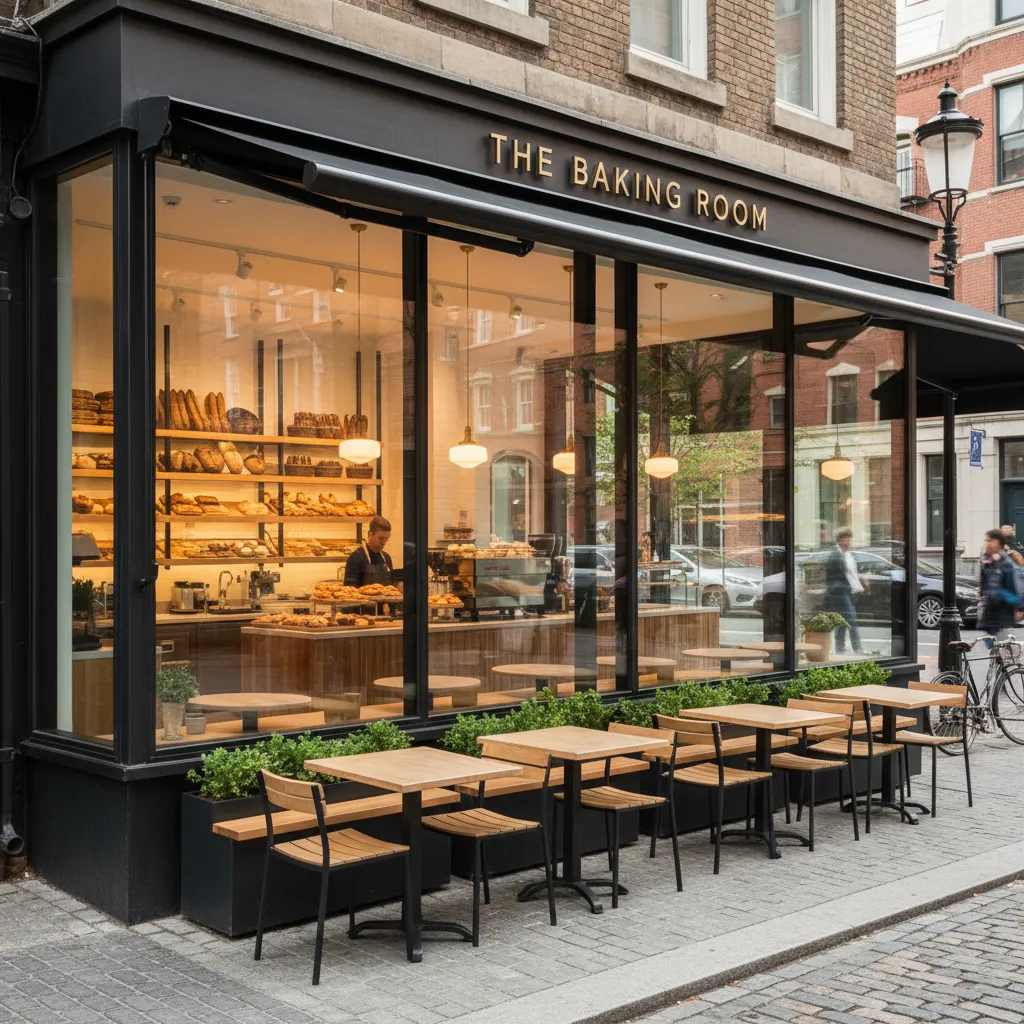 Fachada de panadería con grandes ventanas y terraza pequeña