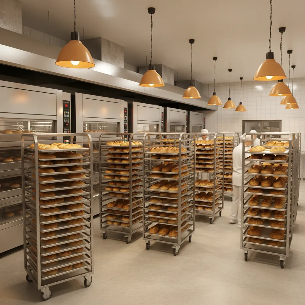 commercial bakery cooling rack area beside ovens with trays of bread