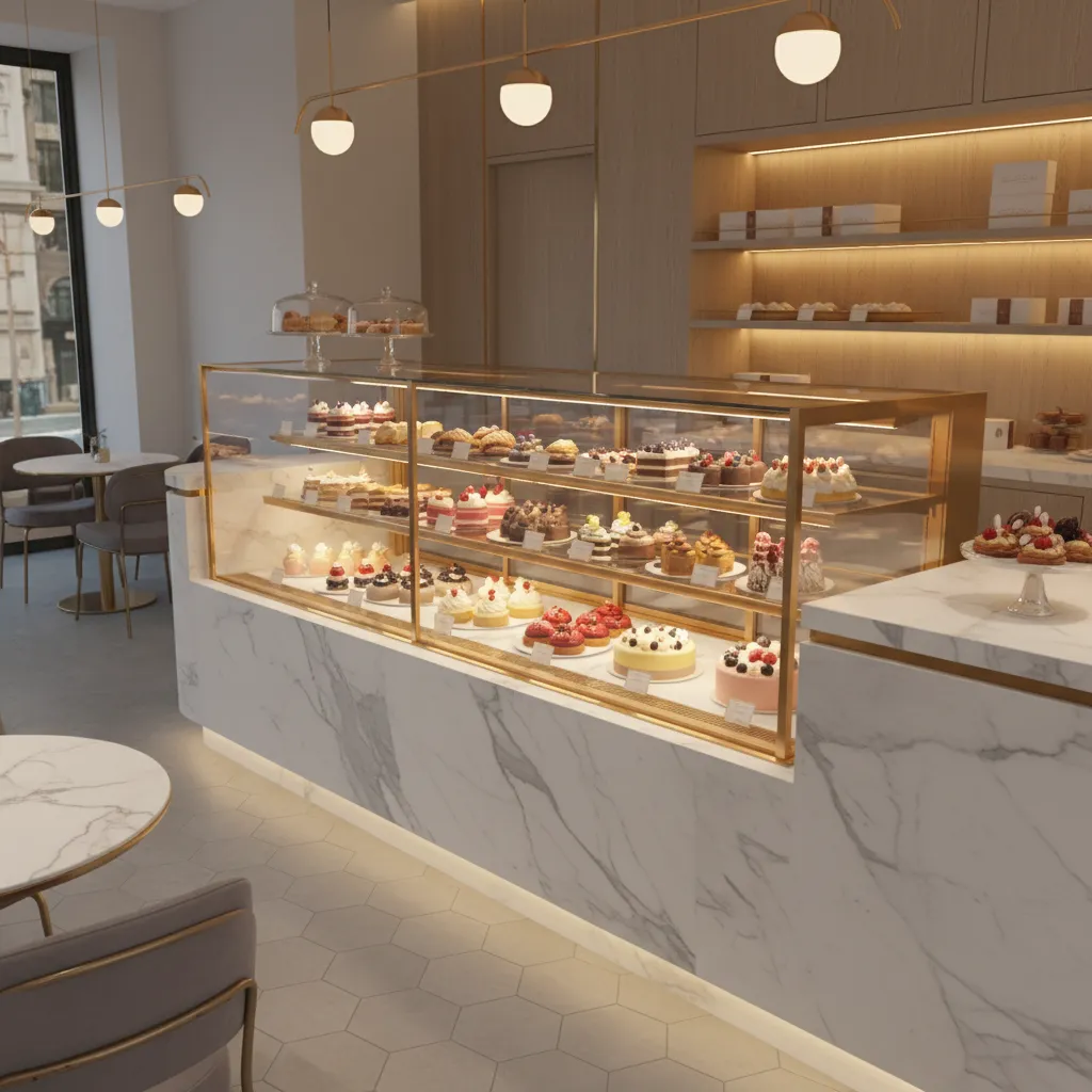 Modern bakery with curved glass refrigerated cake display filled with pastries