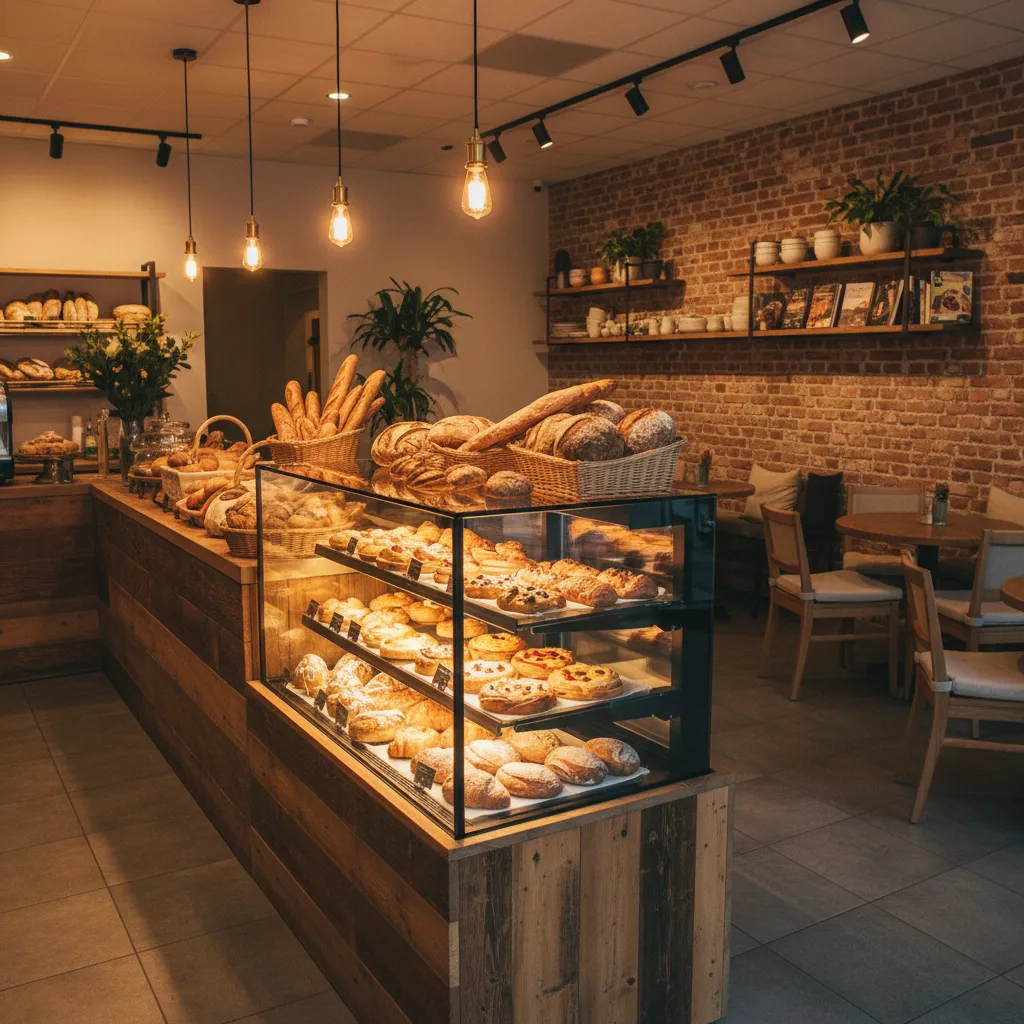 Interior de panadería con vitrina iluminada y mostrador de madera