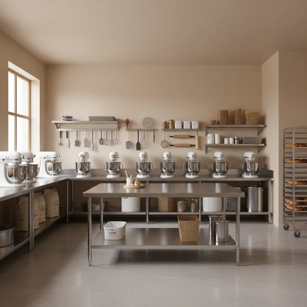 bakery kitchen with large central island prep table for pastry production