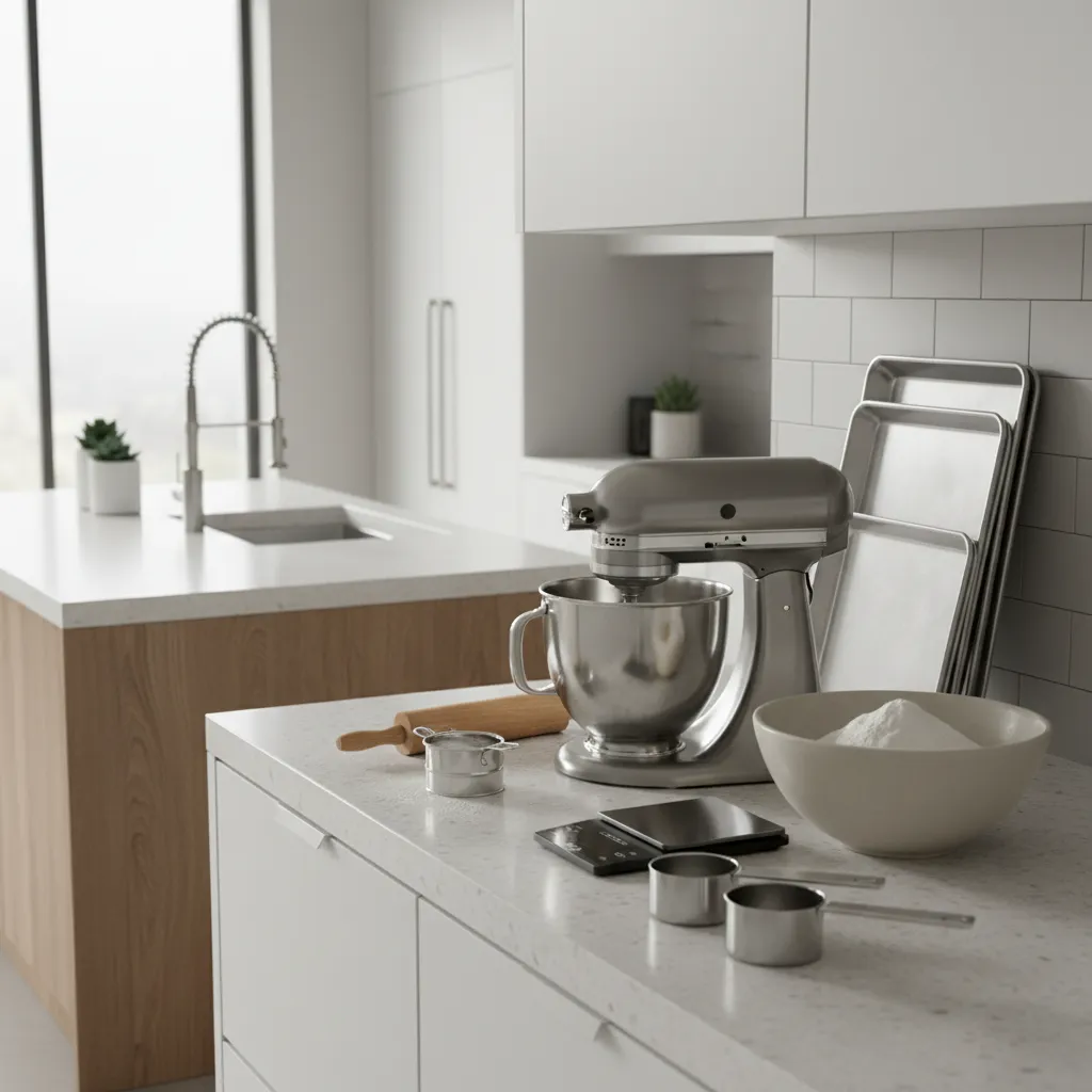 Baking equipment including stand mixer, sheet pans and measuring tools on kitchen counter