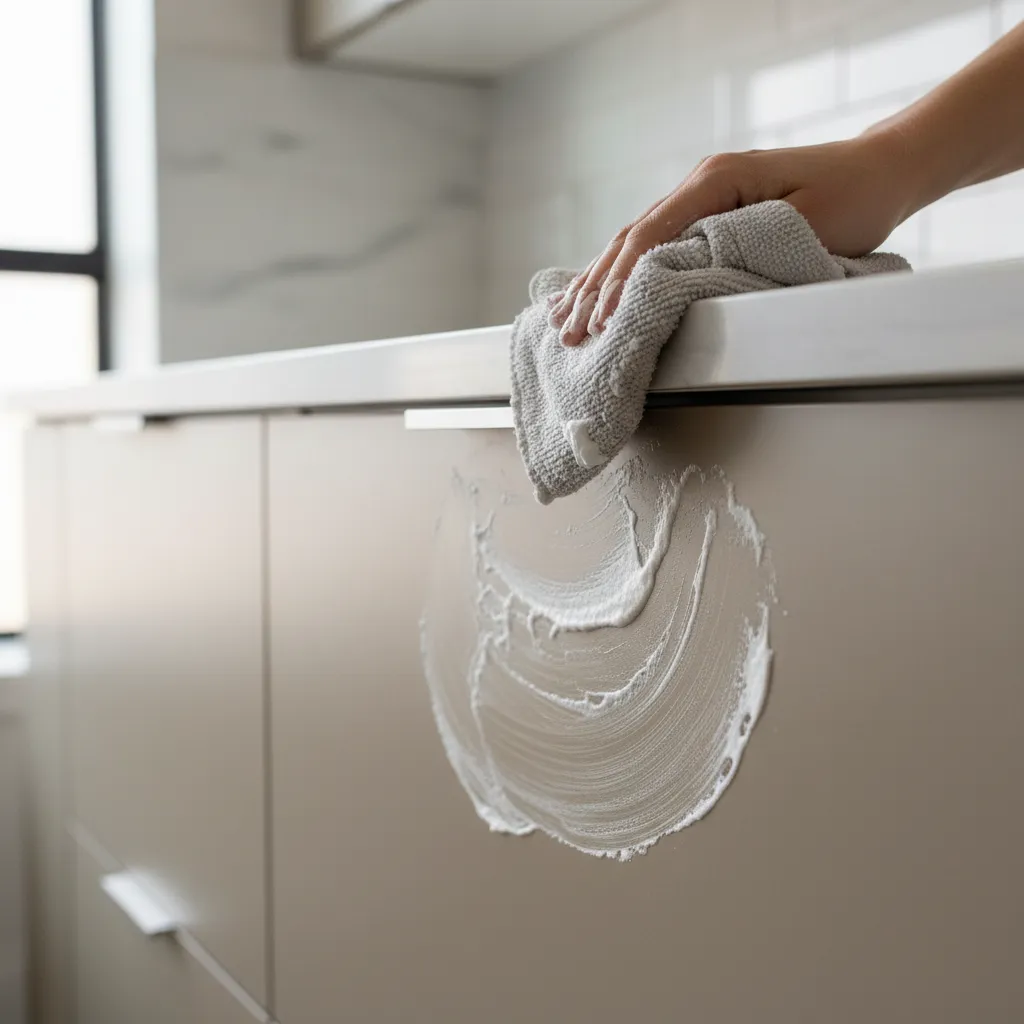 Hand using a grey cloth to wipe white cleaning paste on a beige cabinet drawer