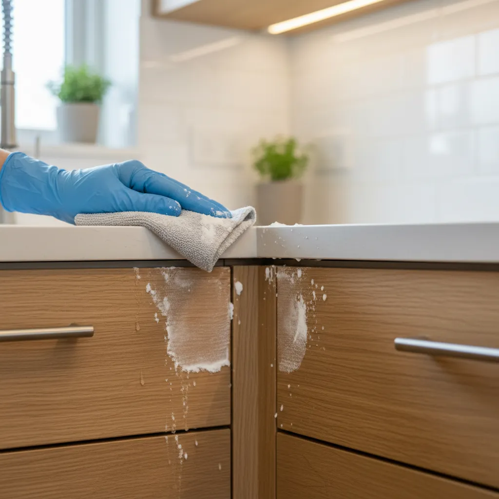 Applying baking soda paste to remove stubborn grease on cabinet corner
