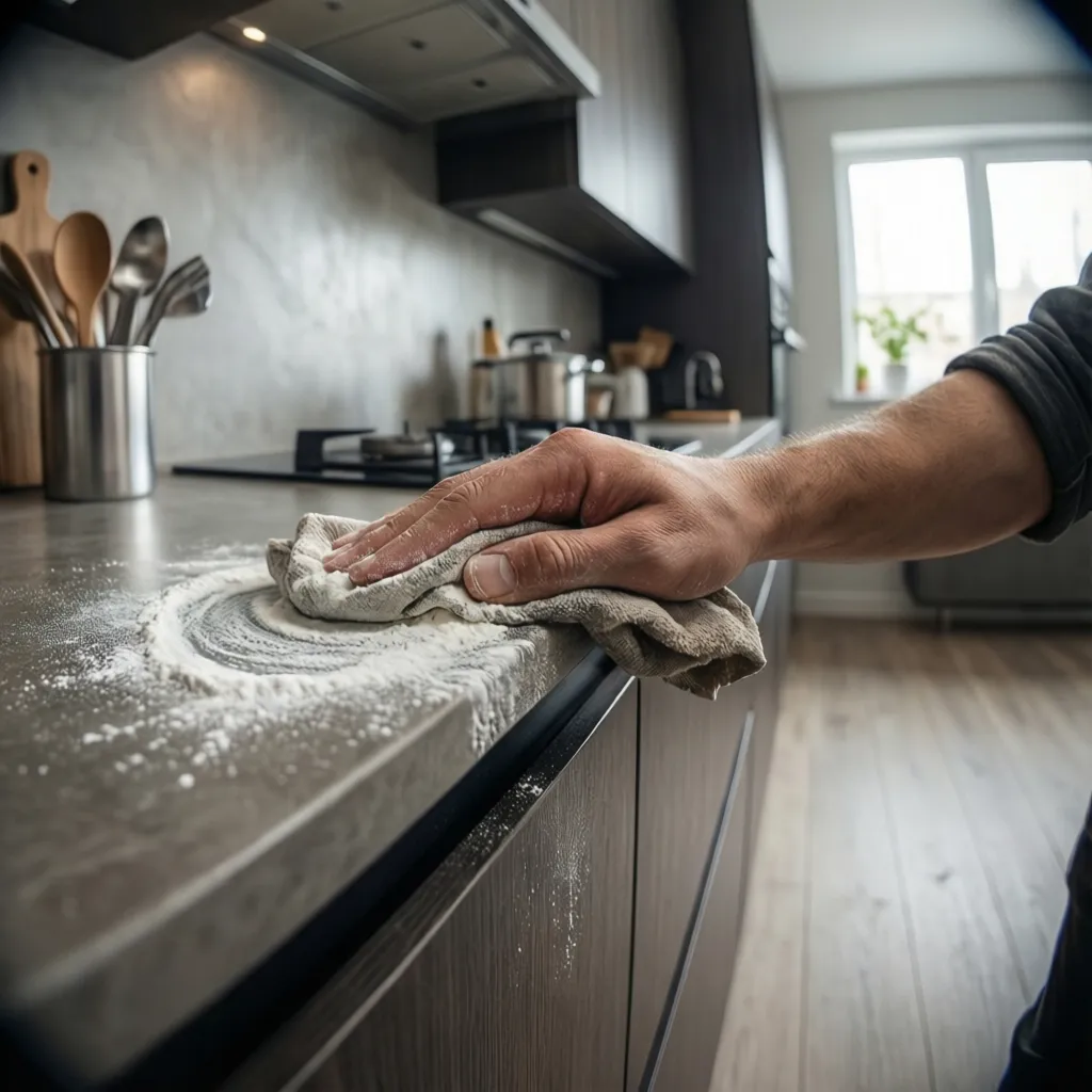 Person cleaning a dark kitchen countertop by wiping white baking soda powder with a cloth