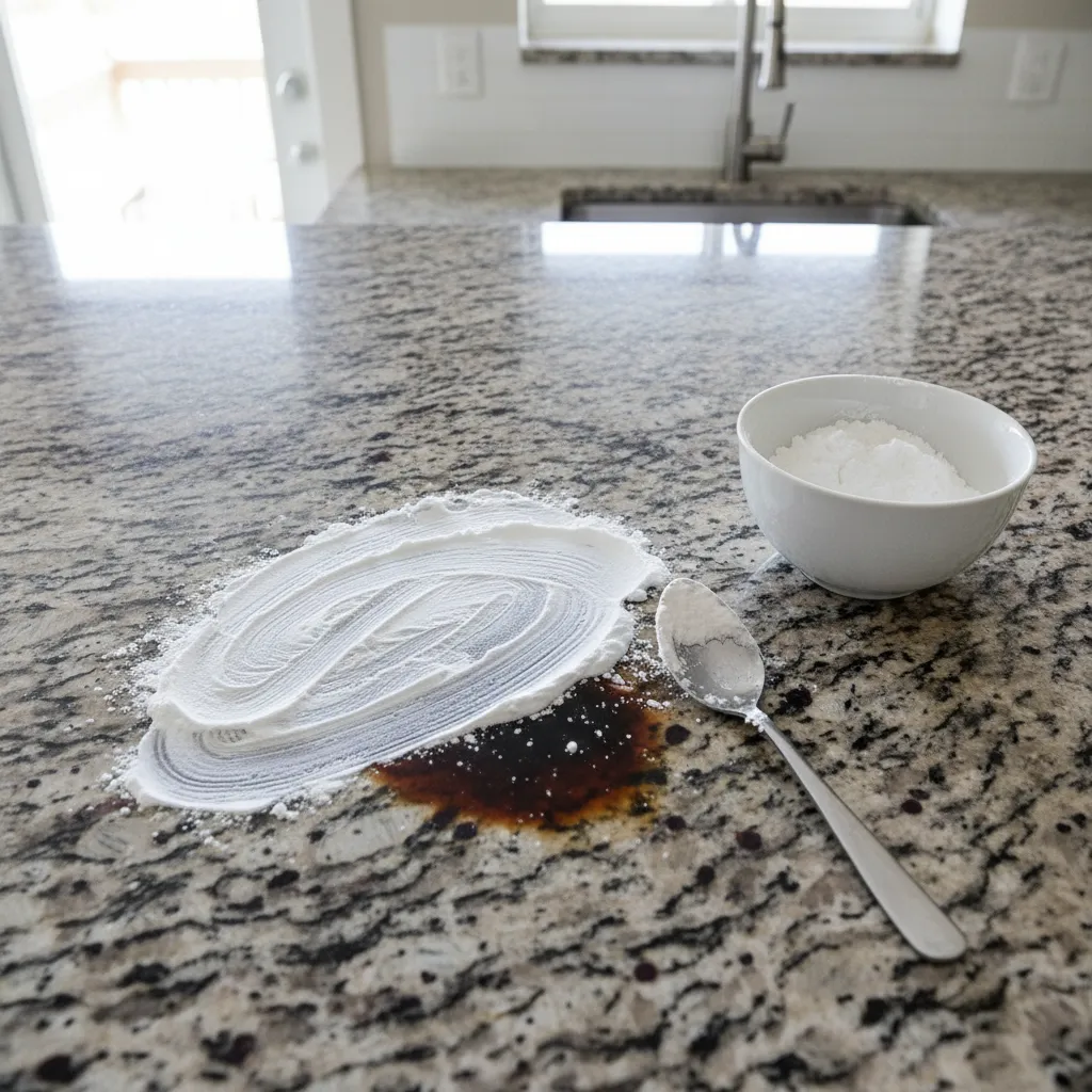 Applying baking soda paste to remove oil stain from kitchen counter