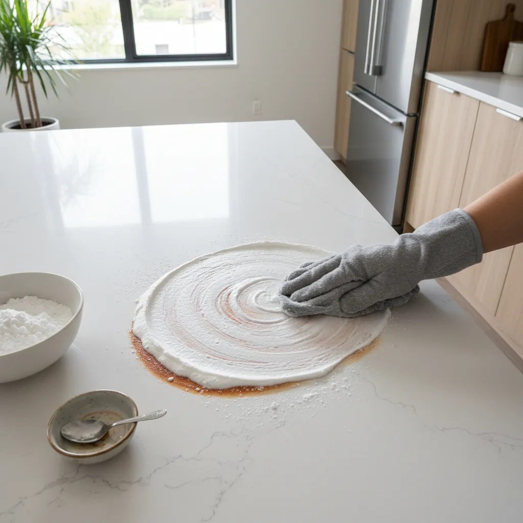Applying baking soda paste to remove countertop stains