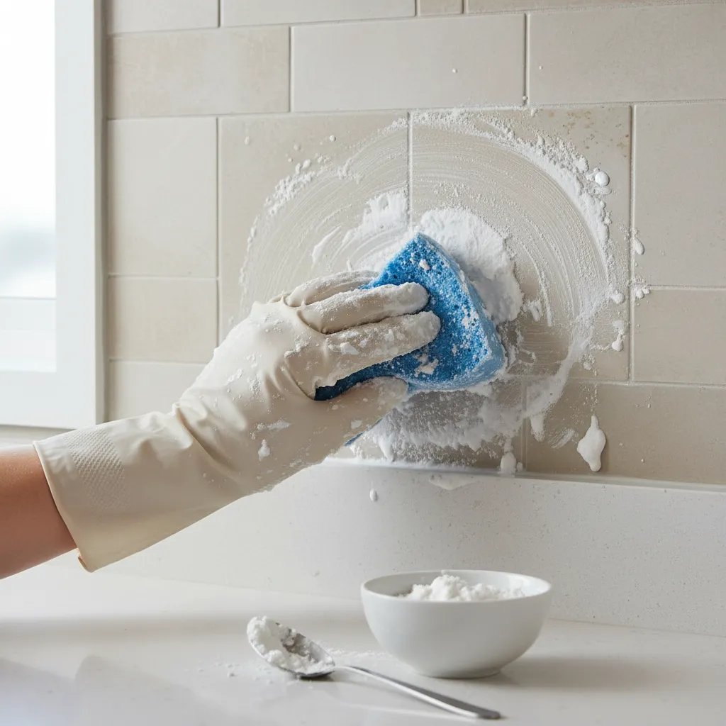 Applying baking soda paste to remove grease from kitchen backsplash tiles