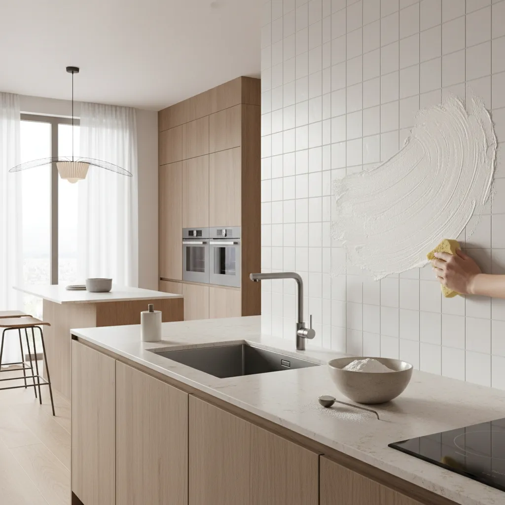 Applying baking soda paste to remove stubborn grease from wall