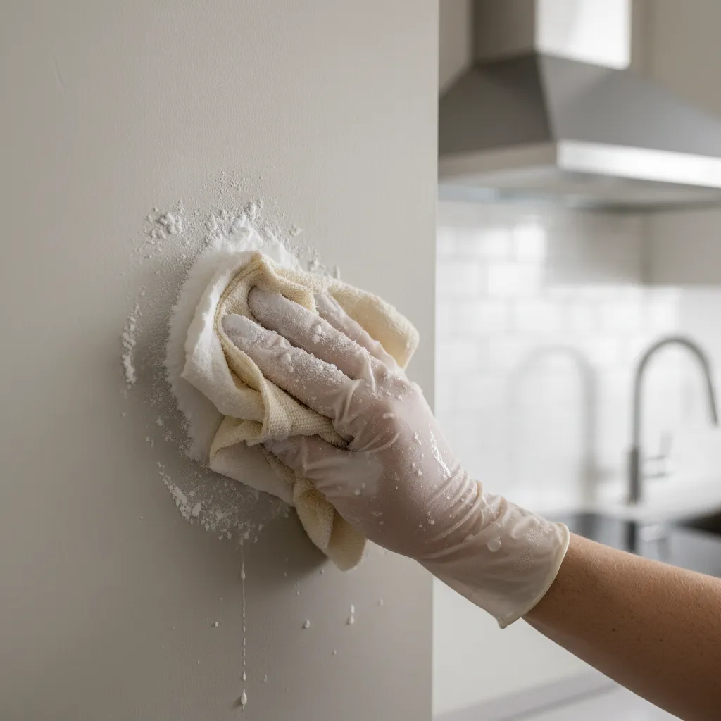 baking soda paste being applied to remove grease stain from wall