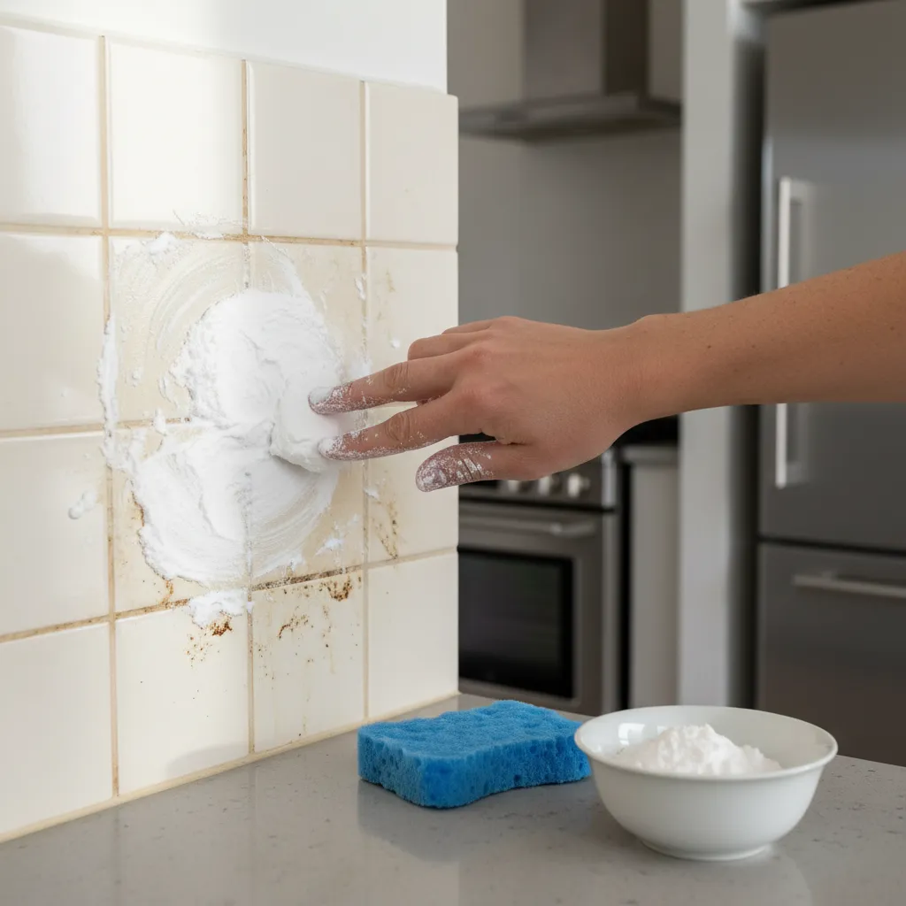 Applying baking soda paste to clean grease from kitchen tiles