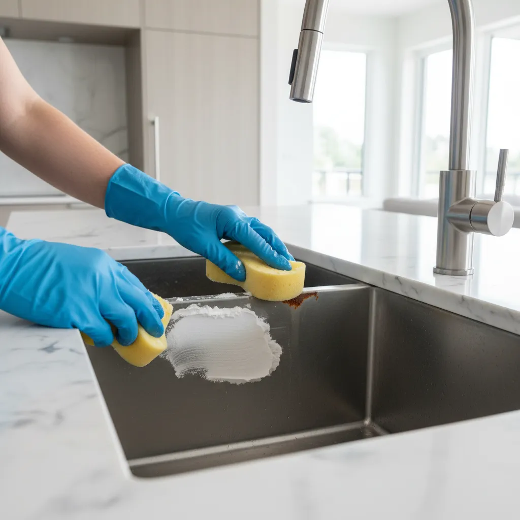 Applying baking soda paste to remove rust from kitchen sink