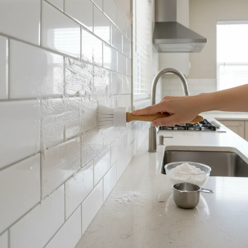 Applying baking soda paste to remove stubborn grease from kitchen tiles