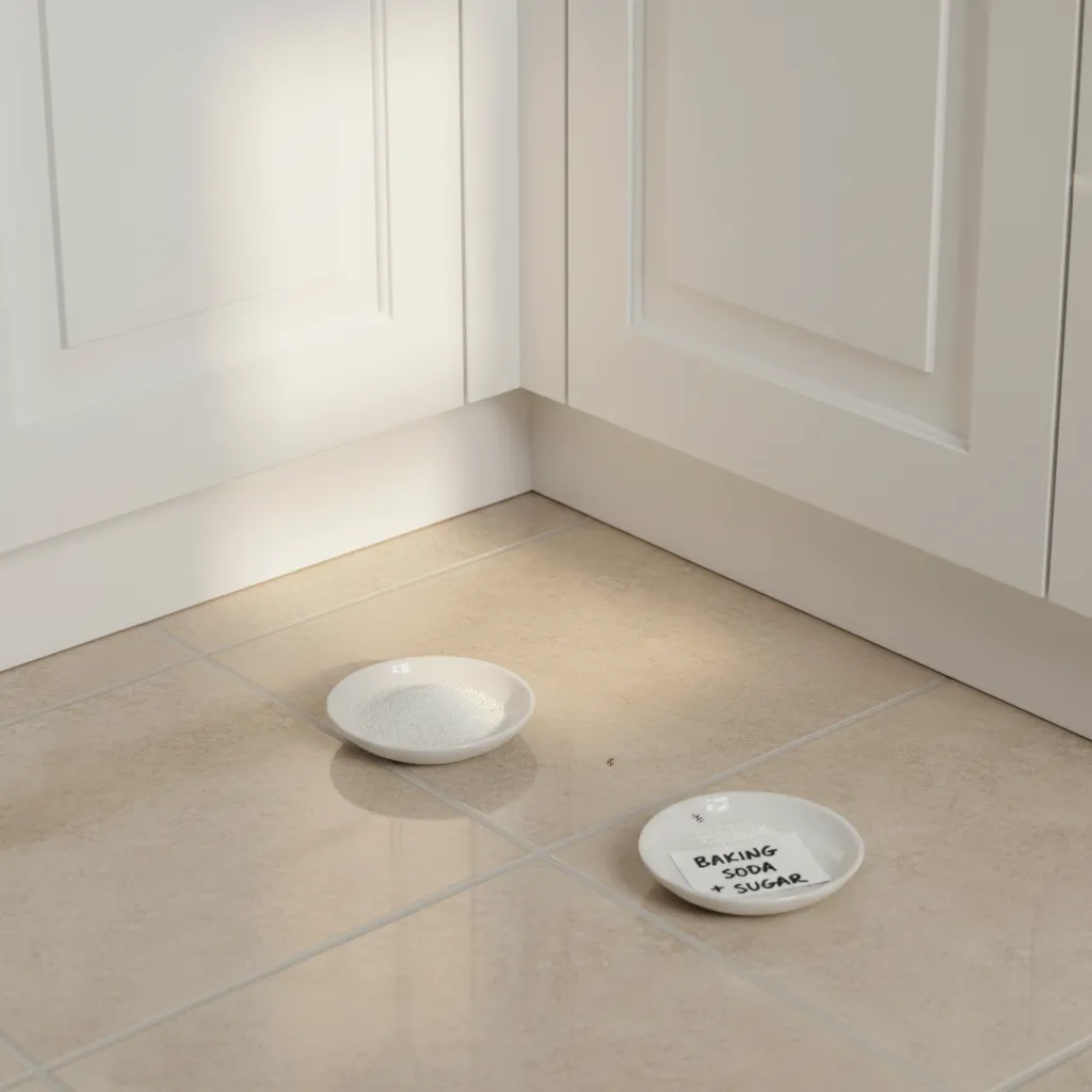 small bowls with baking soda and sugar bait placed near kitchen corners