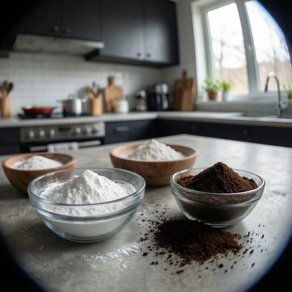 bowls of baking soda and coffee grounds placed in kitchen to absorb odor