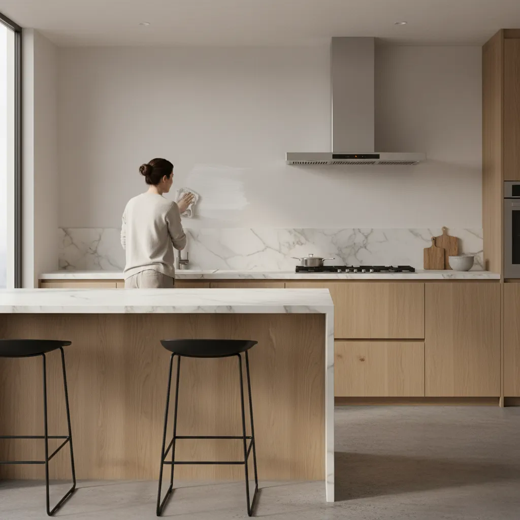 Applying baking soda paste to remove grease from kitchen wall