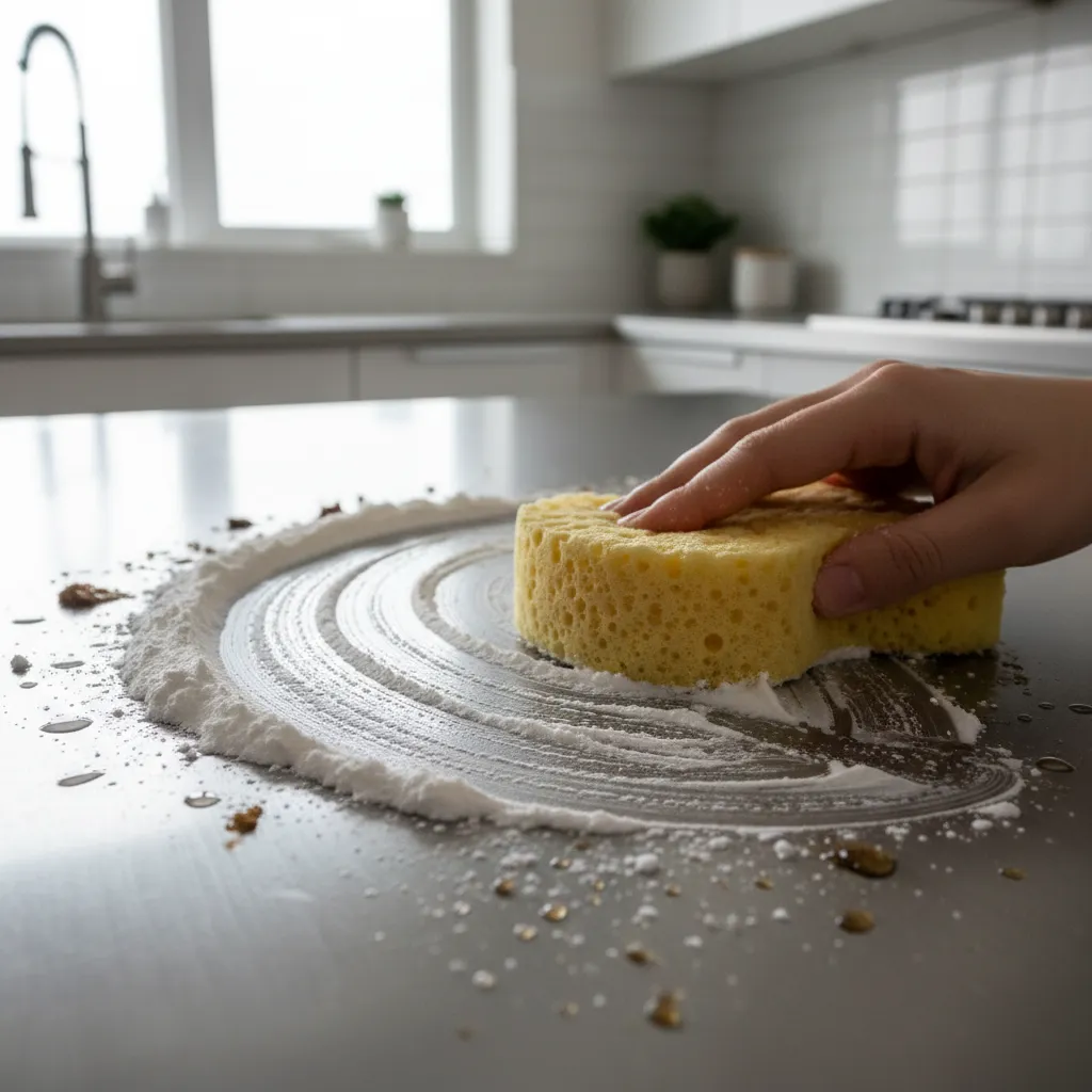 baking soda paste applied to remove grease from kitchen surface