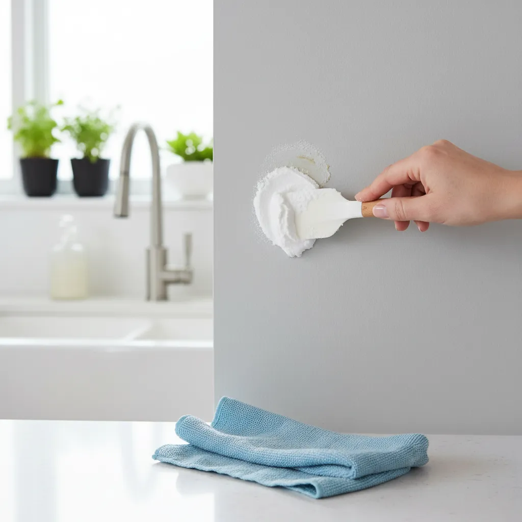 Applying baking soda paste to remove grease from kitchen wall