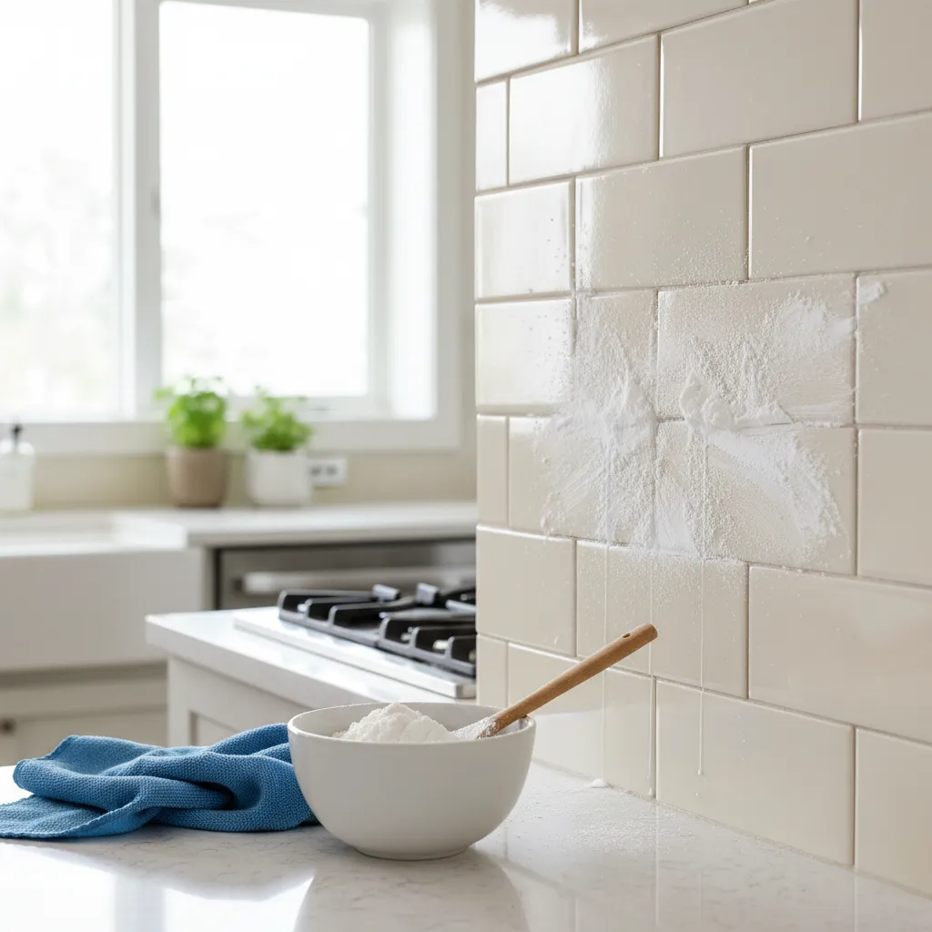 baking soda paste applied to greasy kitchen tile backsplash
