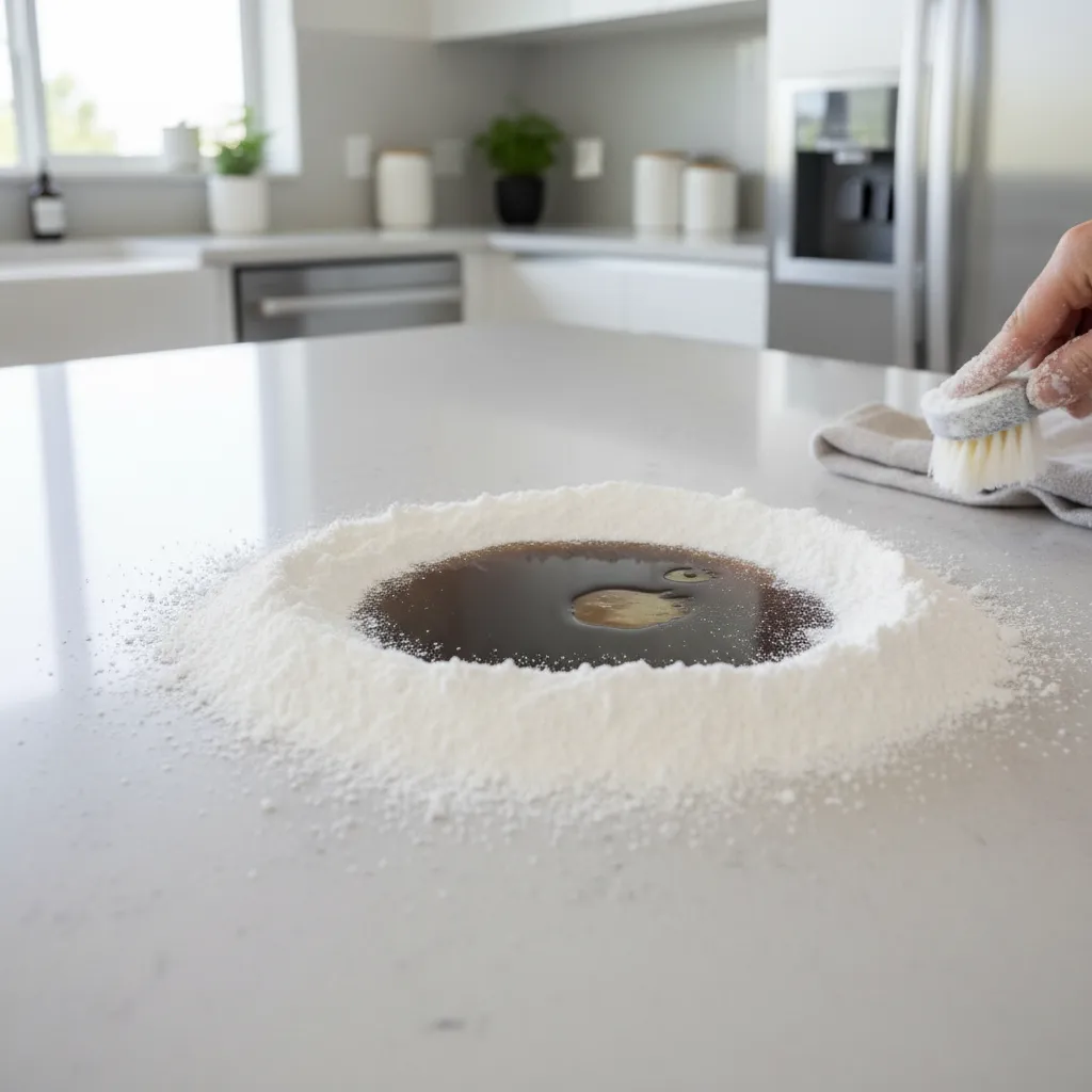 baking soda sprinkled over grease stain on kitchen counter