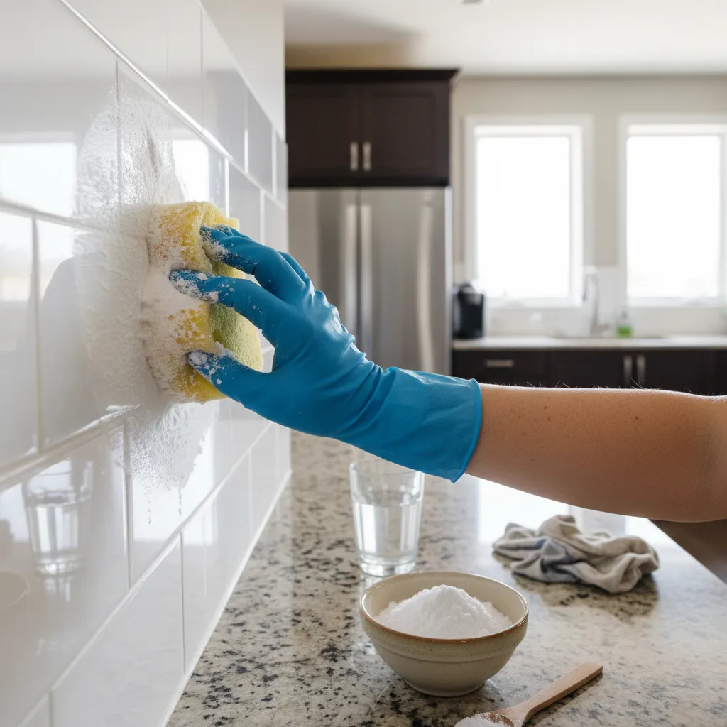 Applying baking soda paste to remove stubborn grease from wall