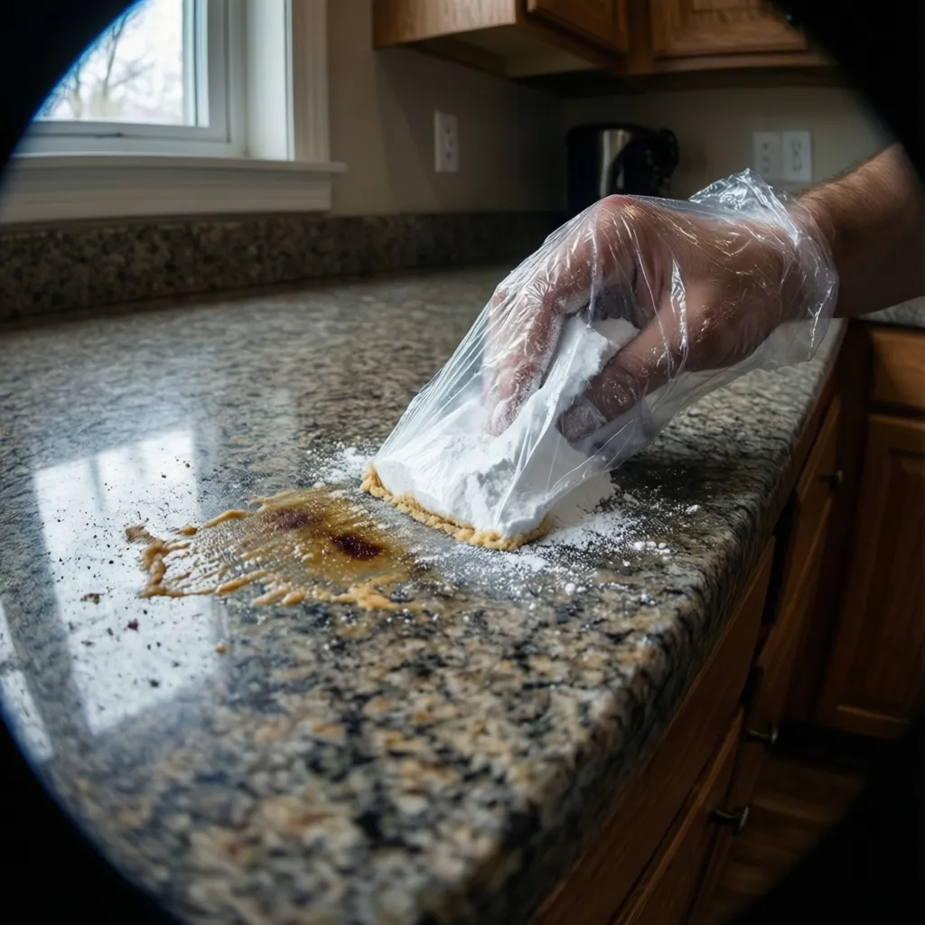 baking soda paste applied to granite countertop stain removal process