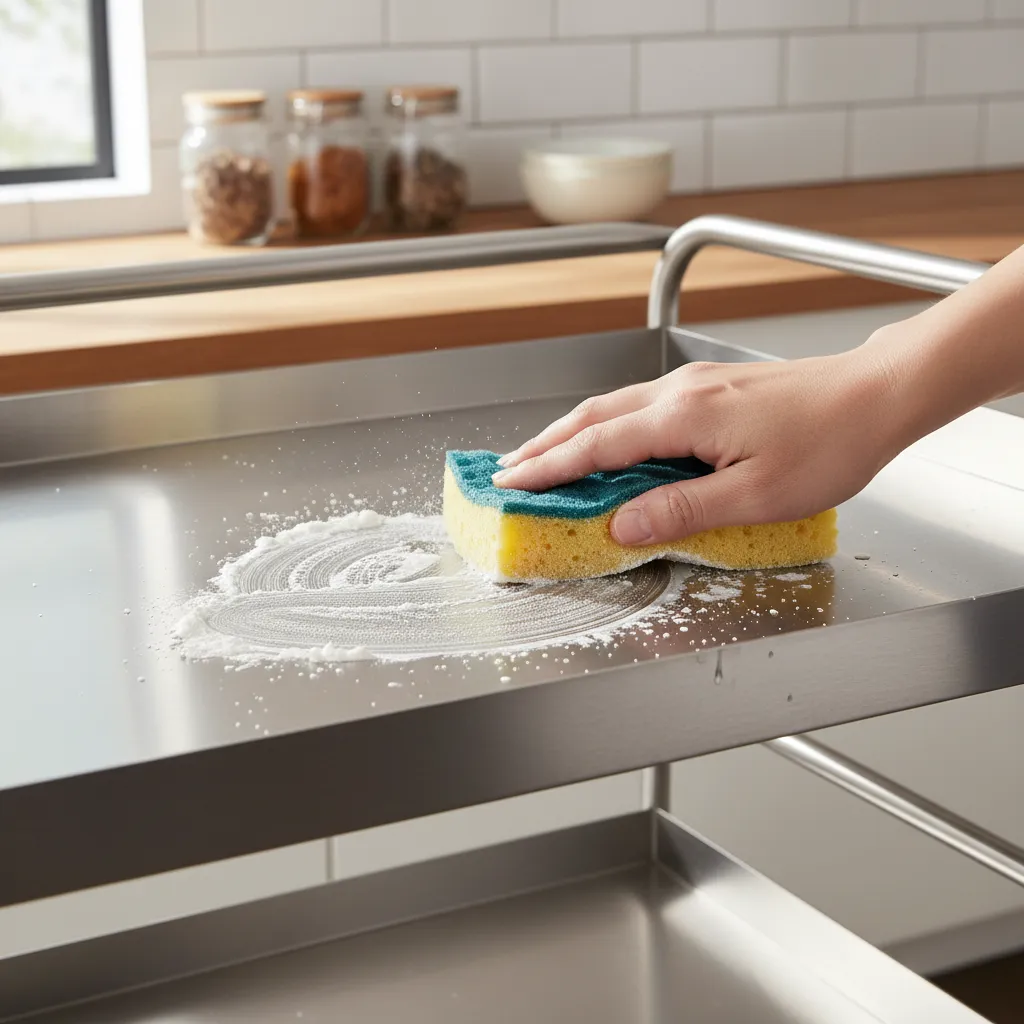 hand scrubbing rust from metal kitchen trolley using baking soda paste