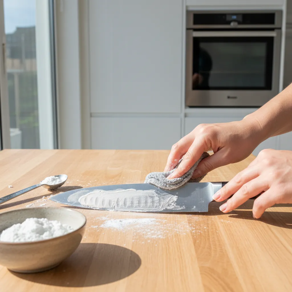 baking soda paste being applied to remove rust from kitchen knife