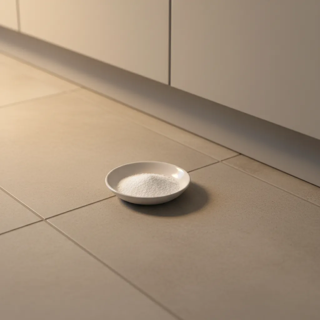 small dish with baking soda and sugar mixture used as natural cockroach bait on kitchen floor