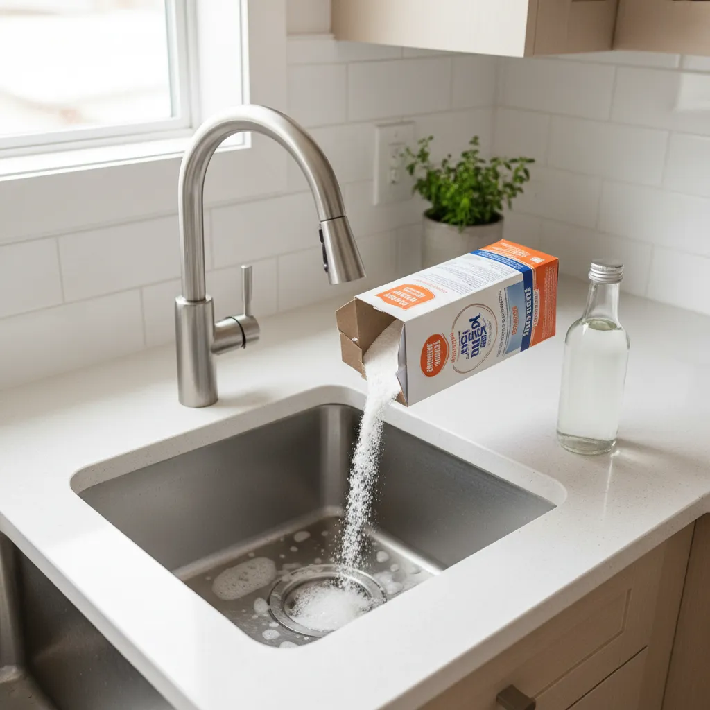 Baking soda and vinegar cleaning process for kitchen sink drain