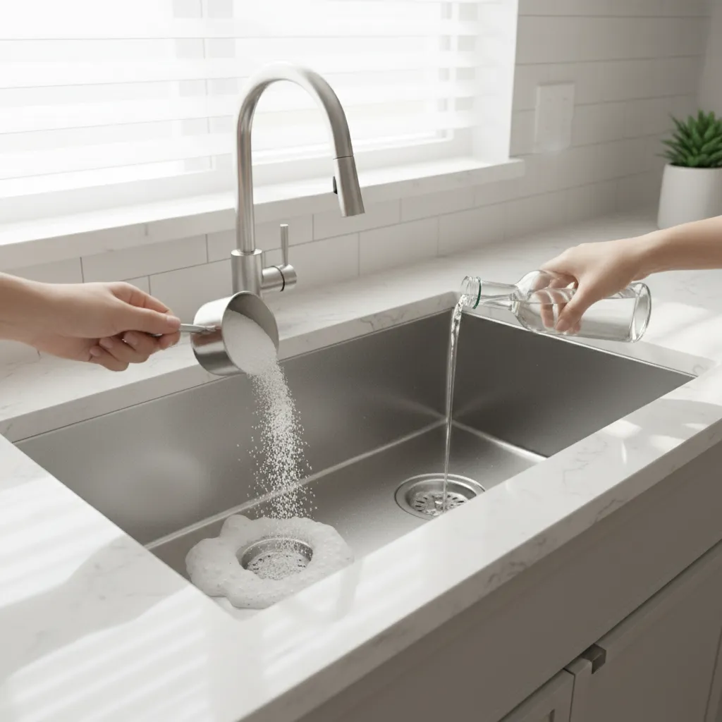 baking soda and vinegar being poured into kitchen sink drain for odor removal