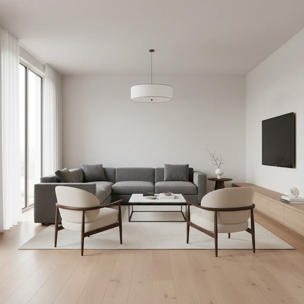 Balanced living room layout with sofa chairs and walkway space