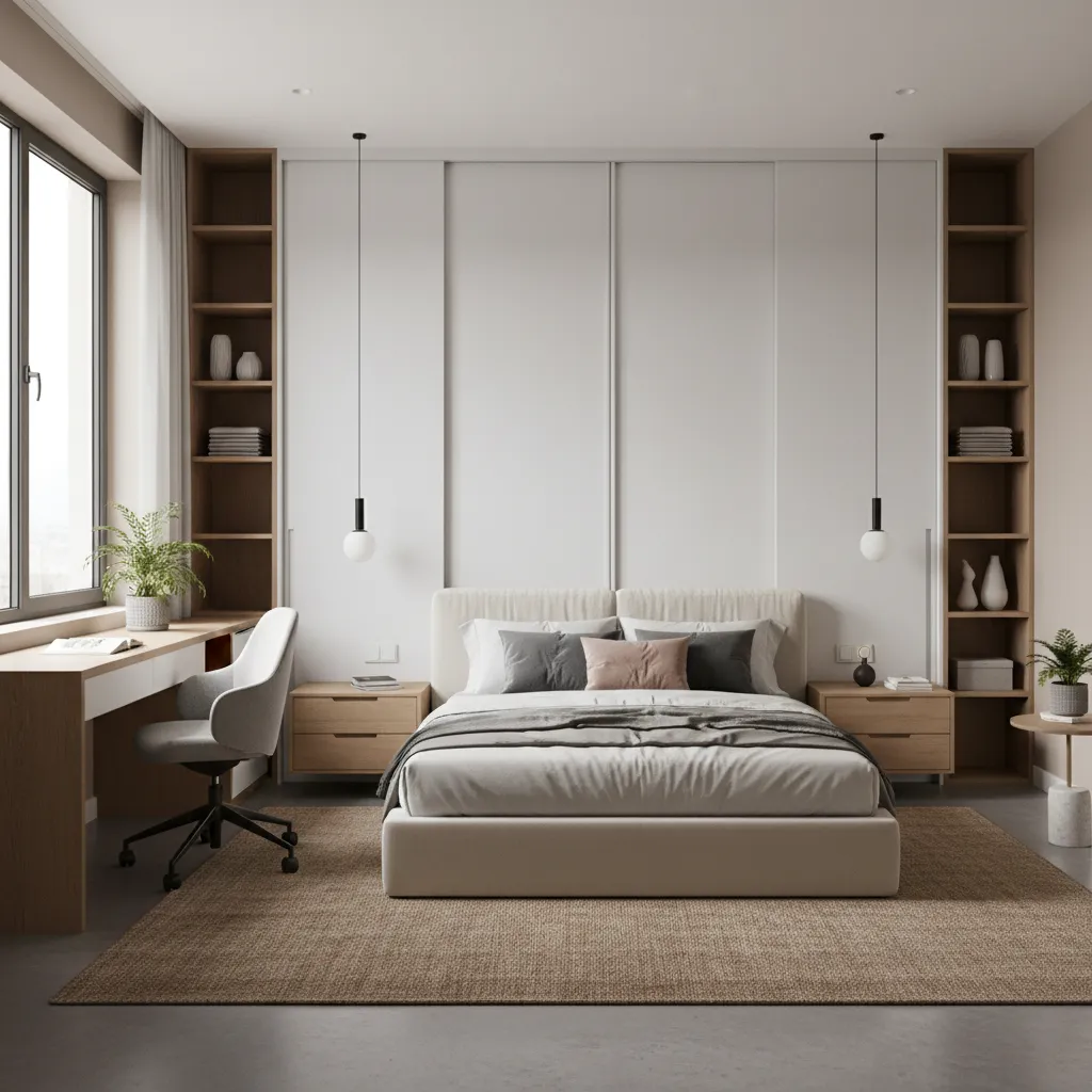 balanced 12x12 bedroom layout combining bed desk and storage
