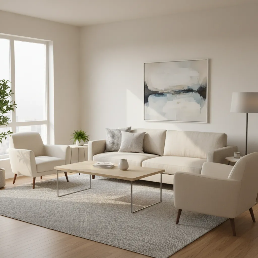 Balanced furniture arrangement in a 13x10 living room