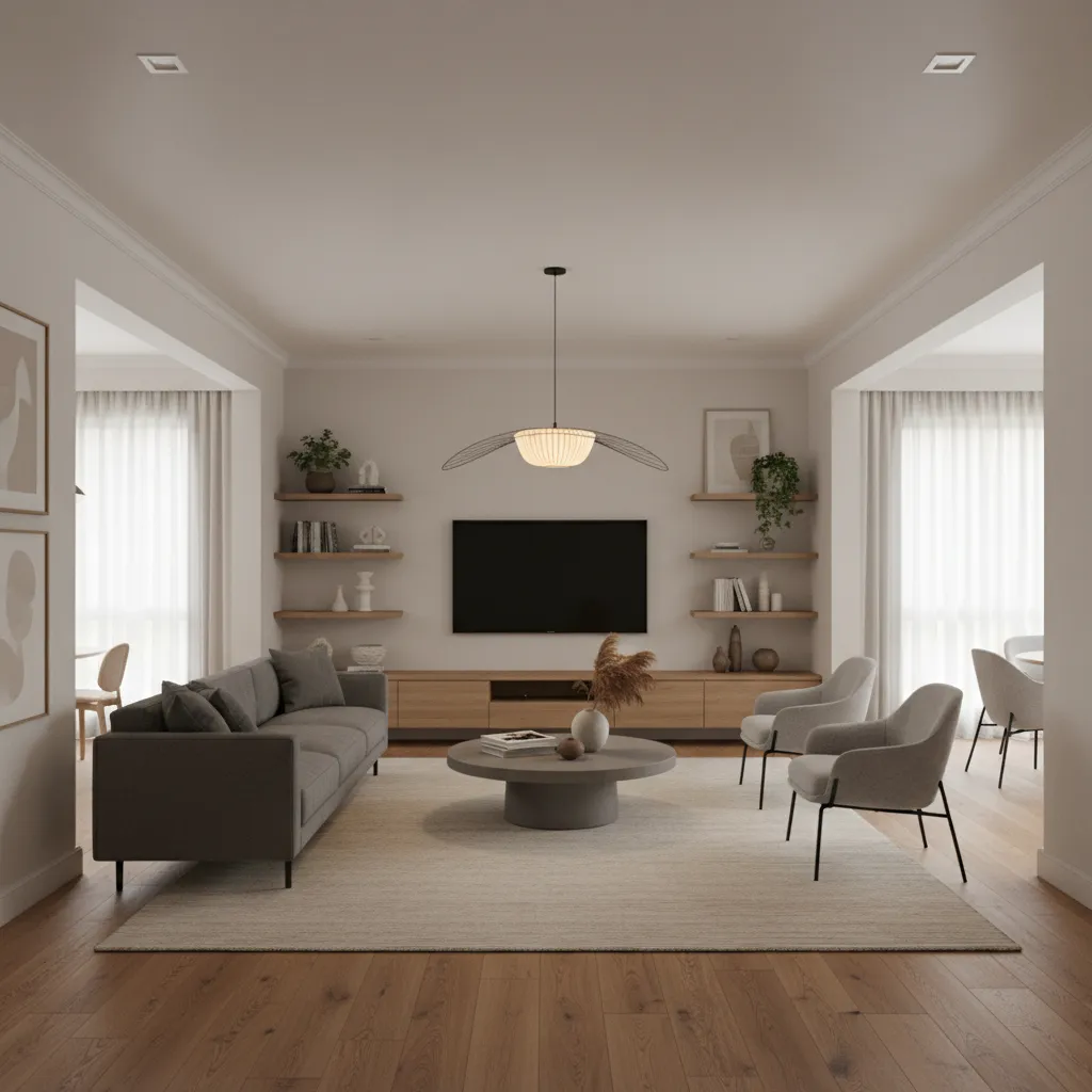 Balanced furniture layout in a rectangular 14x20 living room