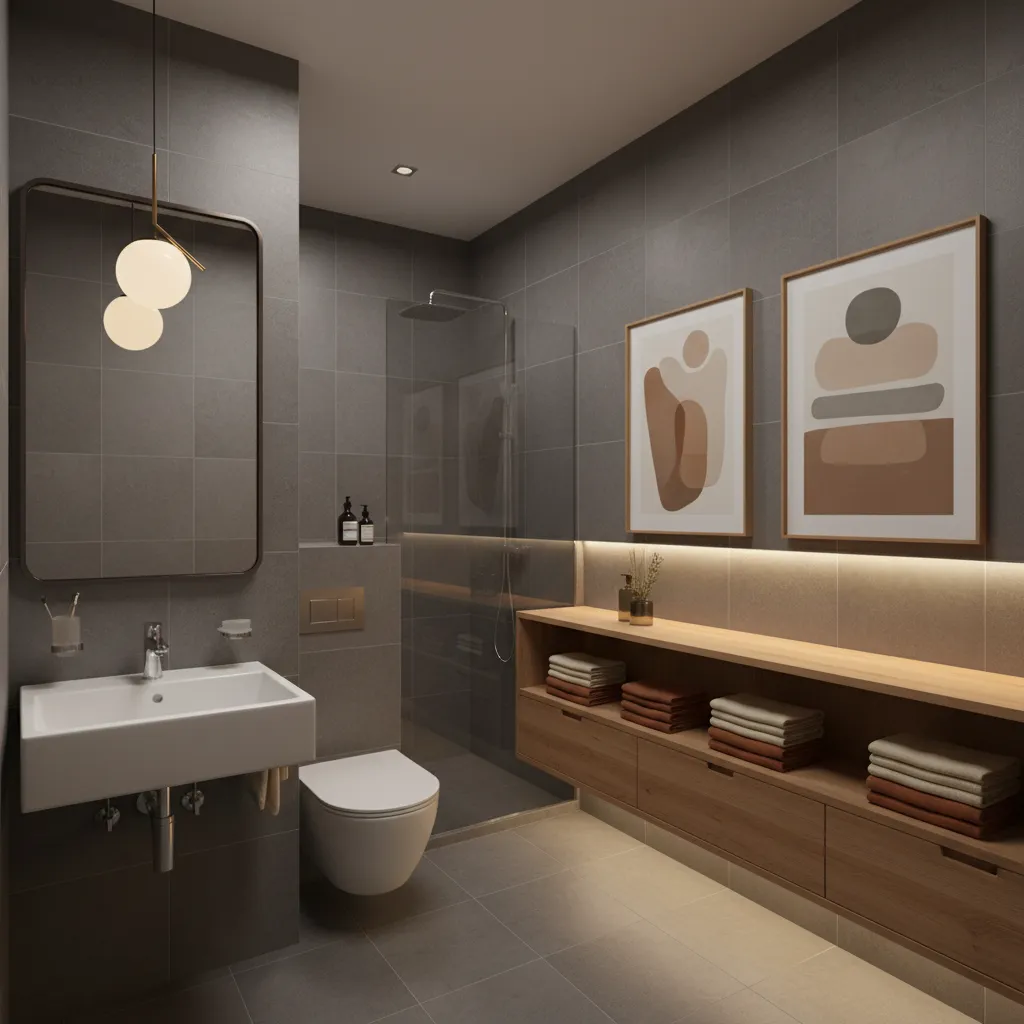 Small bathroom layout showing balanced accent color placement