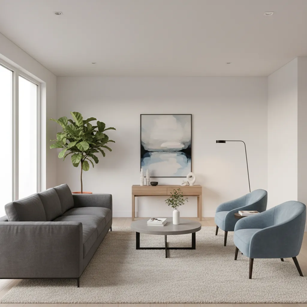 balanced modern living room with subtle angled sofa placement