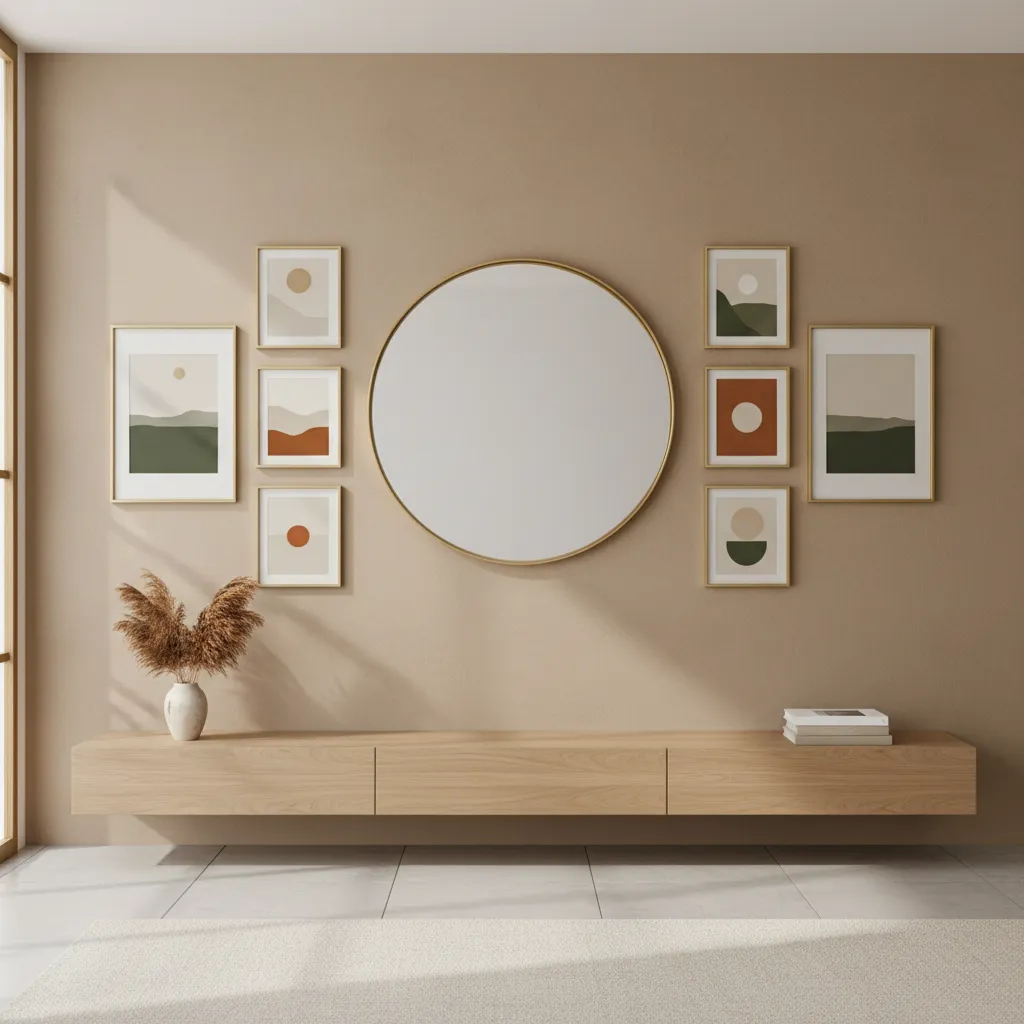 different artwork sizes balanced around a mirror gallery wall