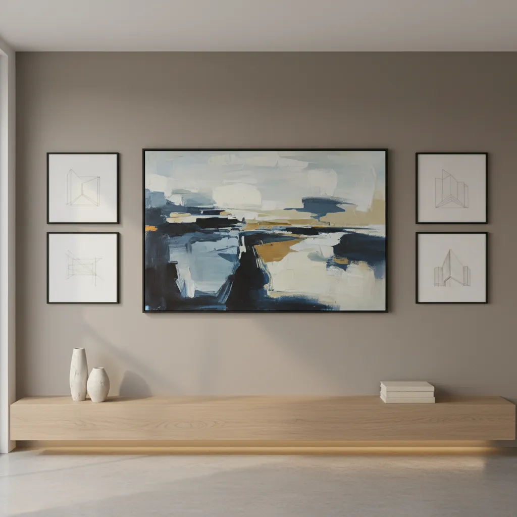 Wall display showing two paintings with different sizes but balanced visual weight