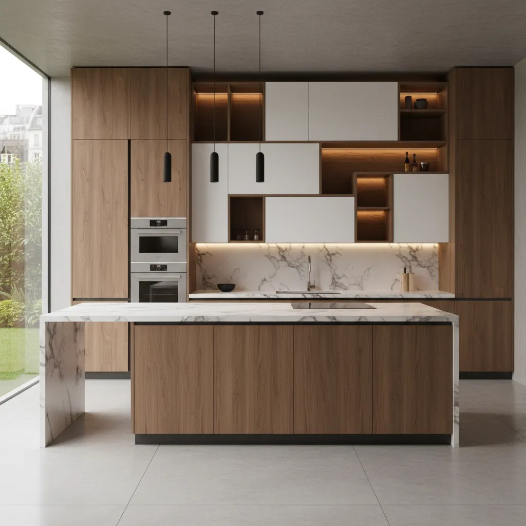Well-balanced asymmetrical kitchen cabinet design with layered lighting