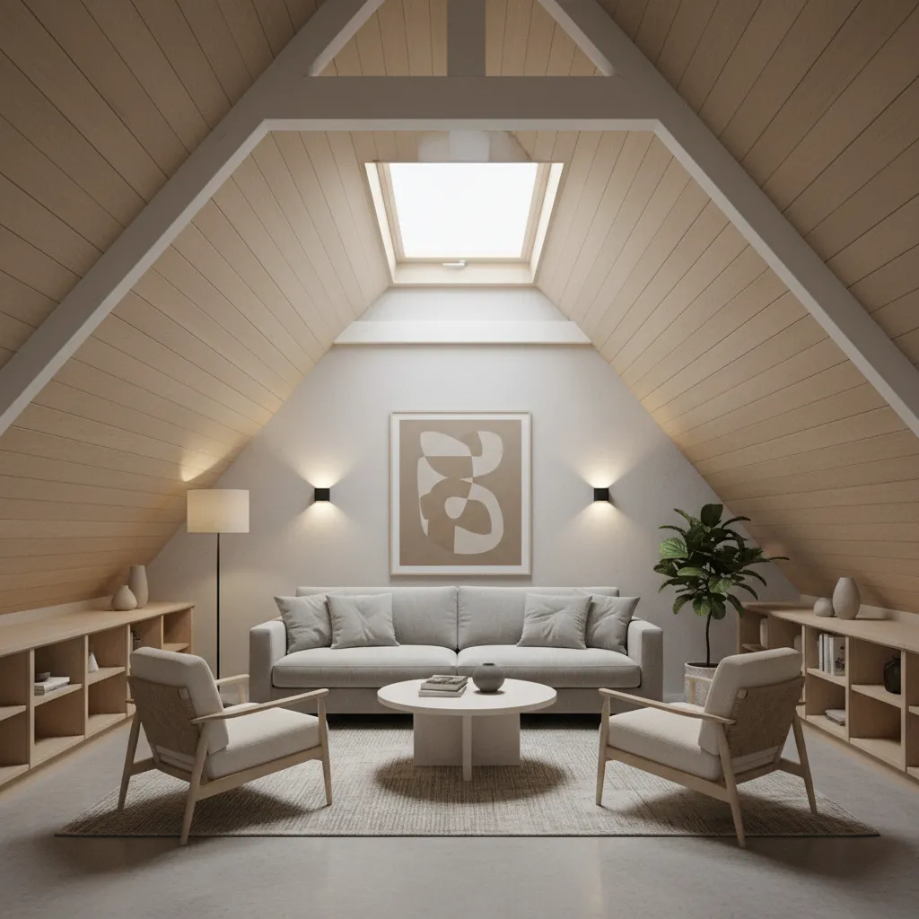 well balanced attic living room with sloped wall decor and layered lighting