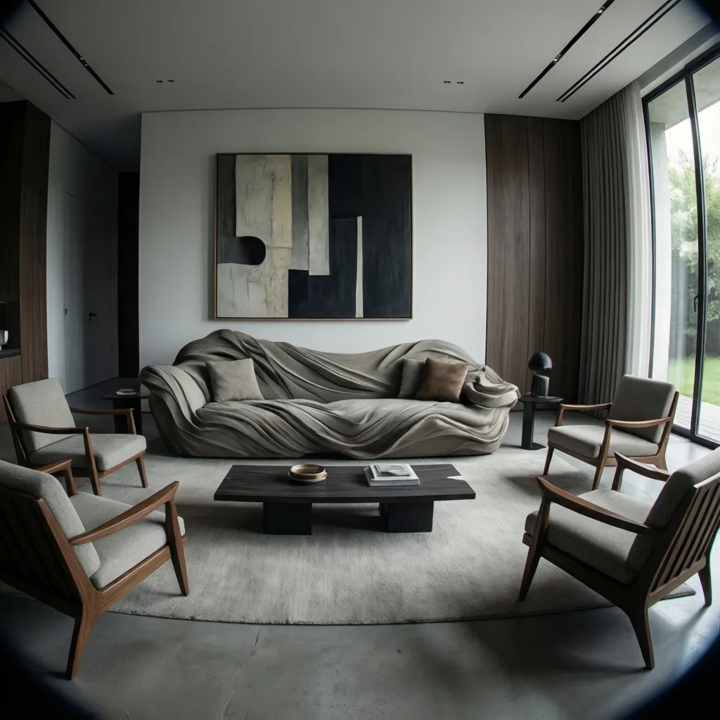 Balanced avant garde living room layout with clear focal point and open space