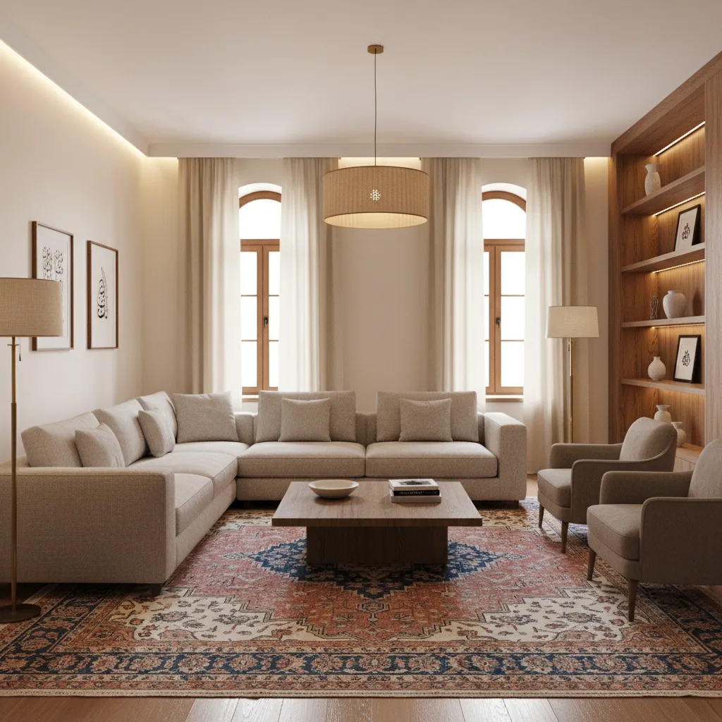 Well-balanced Azerbaijani inspired living room with minimal decor and highlighted rug