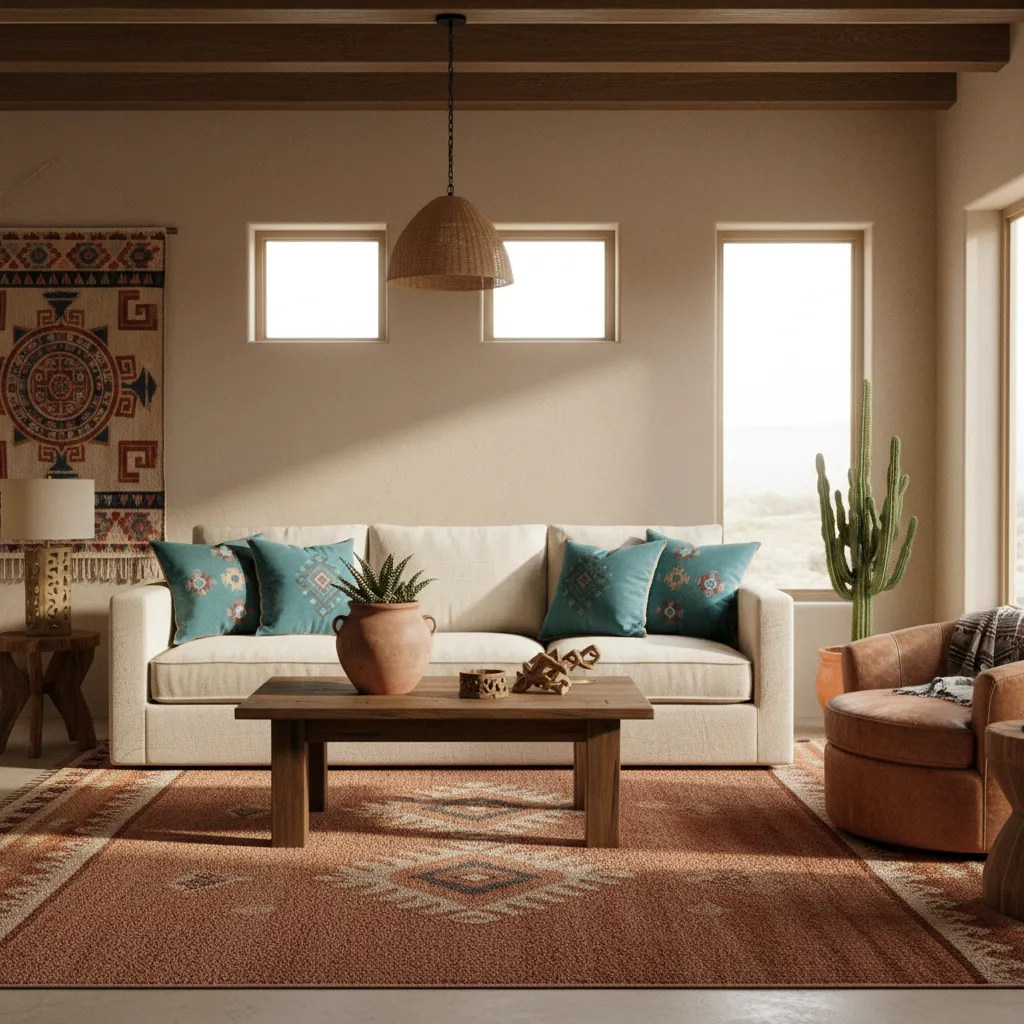 Aztec living room showing balanced terracotta cream and turquoise palette