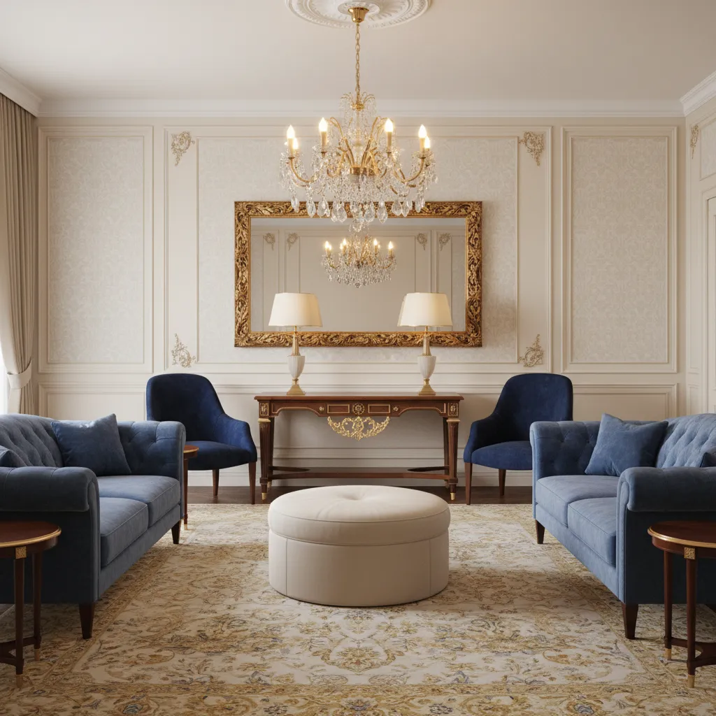 Elegant Baroque inspired room with balanced decor and negative space