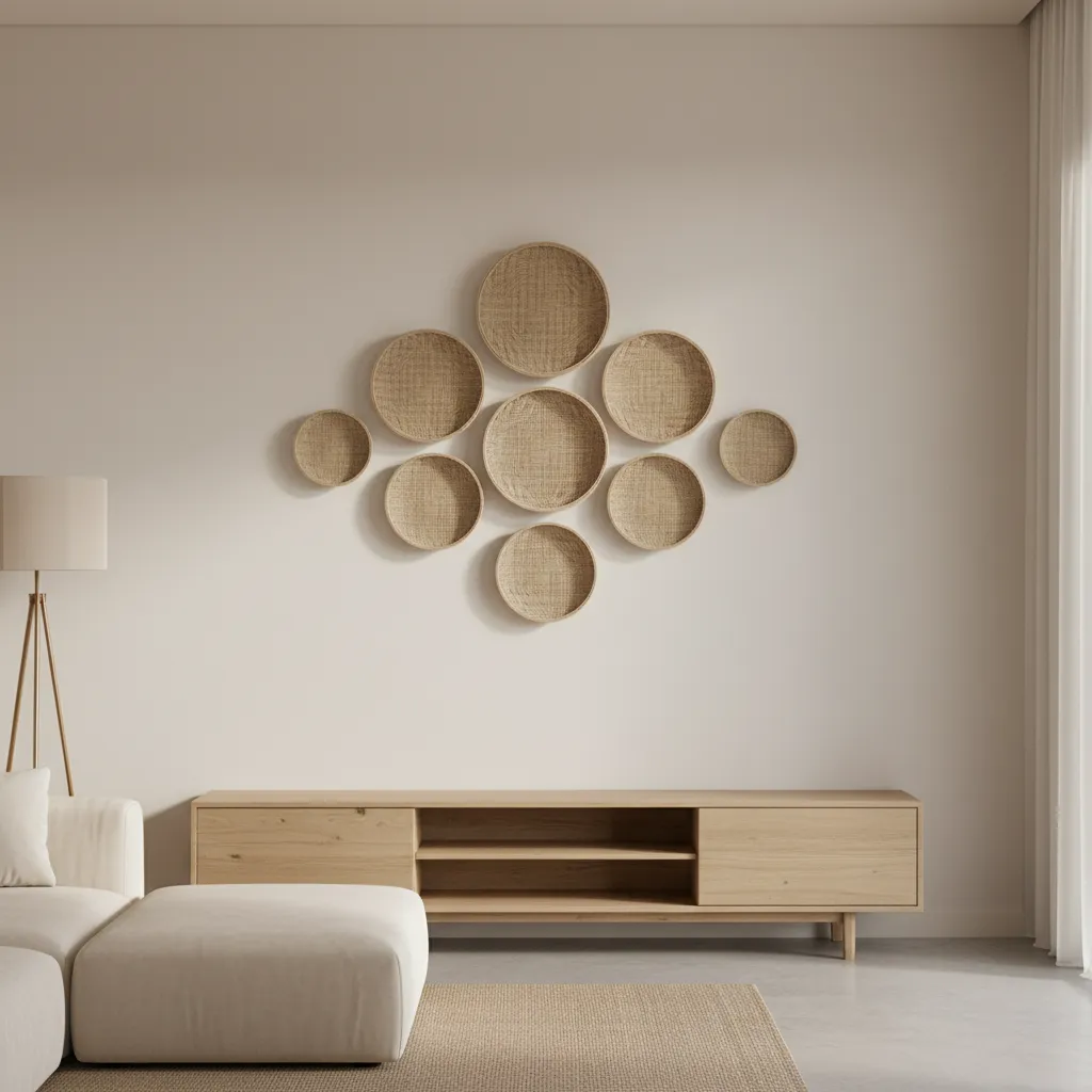 Minimalist living room featuring round woven wall decor above a wooden cabinet and a sofa