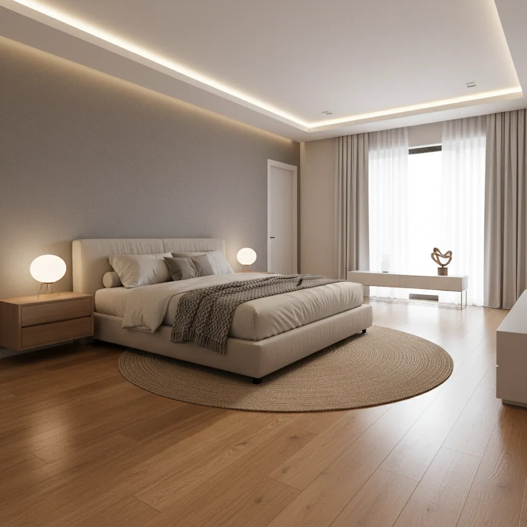Bedroom layout combining feng shui command position with modern minimalist design