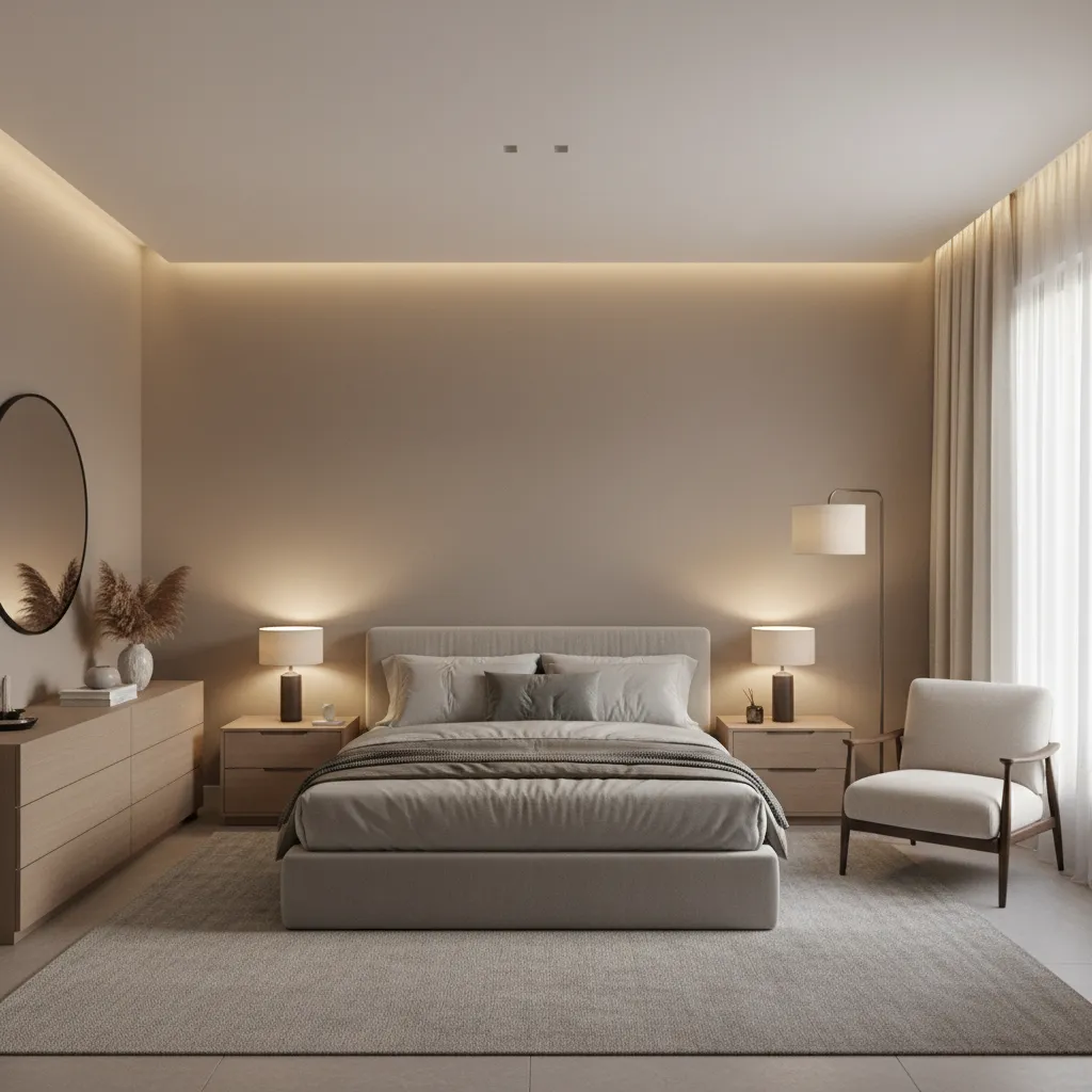 balanced bedroom with bed dresser and seating visually distributed across room