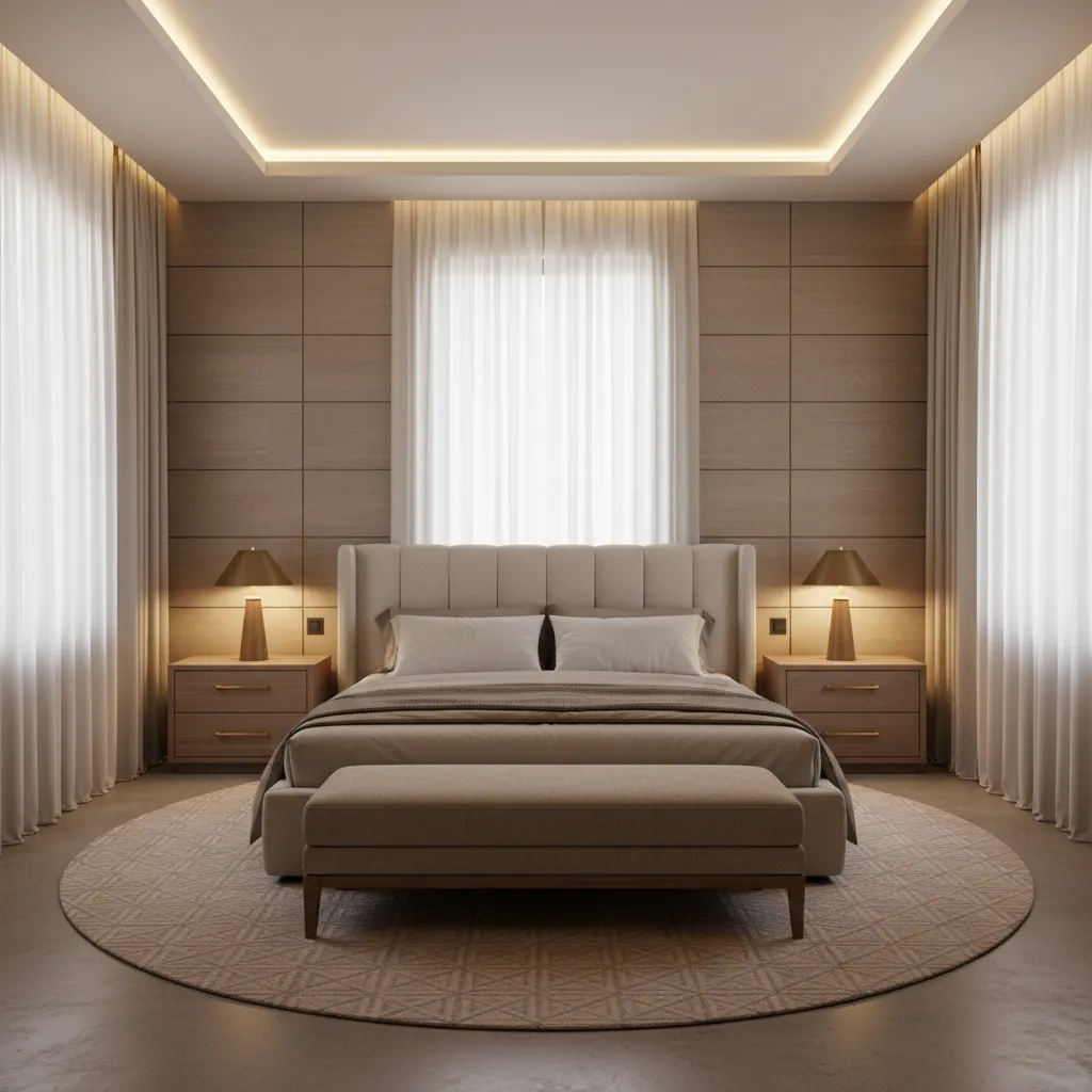symmetrical bedroom furniture layout with centered bed and matching nightstands