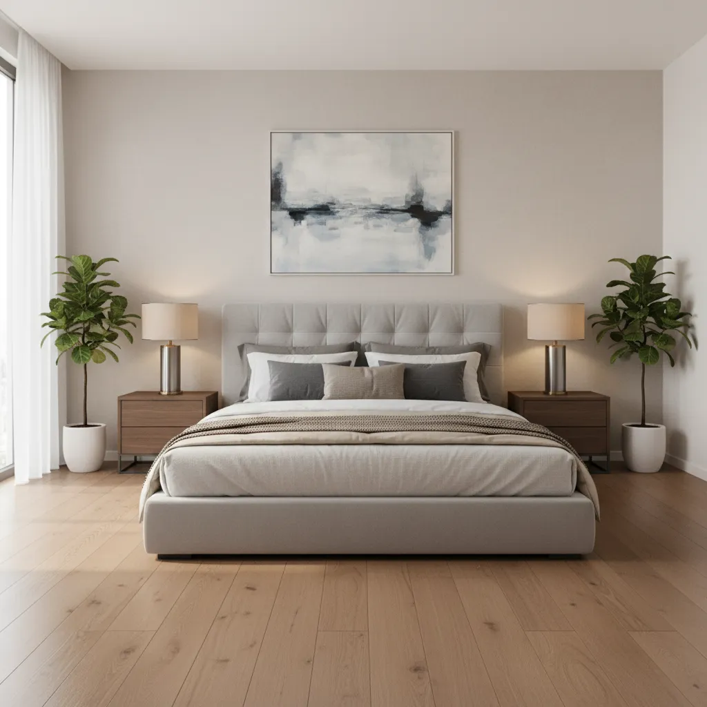 Bedroom layout with centered bed and symmetrical nightstands